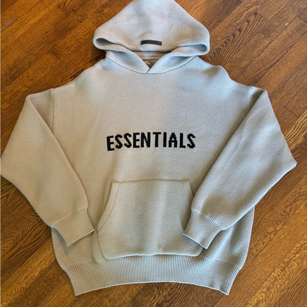 Fear of God Essentials Light Gray Knit Hoodie with Black Logo